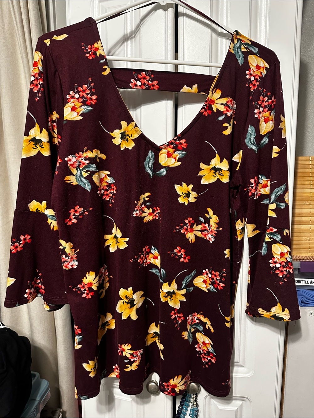 nine britton Burgundy Floral V-Neck Long Sleeve Dress